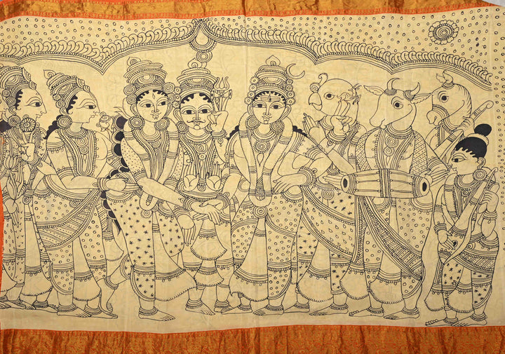 Stunning Gowri Kalyanam - Authentic Pen Kalamkari on Pure Kanjivaram Silk Saree with Zari Border | SILK MARK CERTIFIED