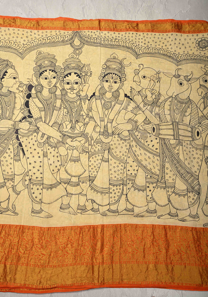 Stunning Gowri Kalyanam - Authentic Pen Kalamkari on Pure Kanjivaram Silk Saree with Zari Border | SILK MARK CERTIFIED