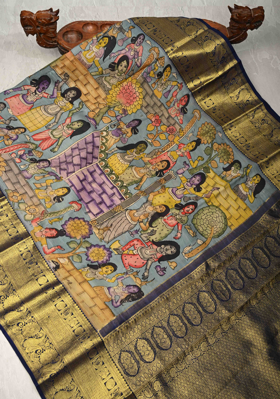 Beautiful Dancing Queens Theme : Authentic Pen Kalamkari on Pure Kanjivaram Silk Saree with Zari Border | SILK MARK CERTIFIED