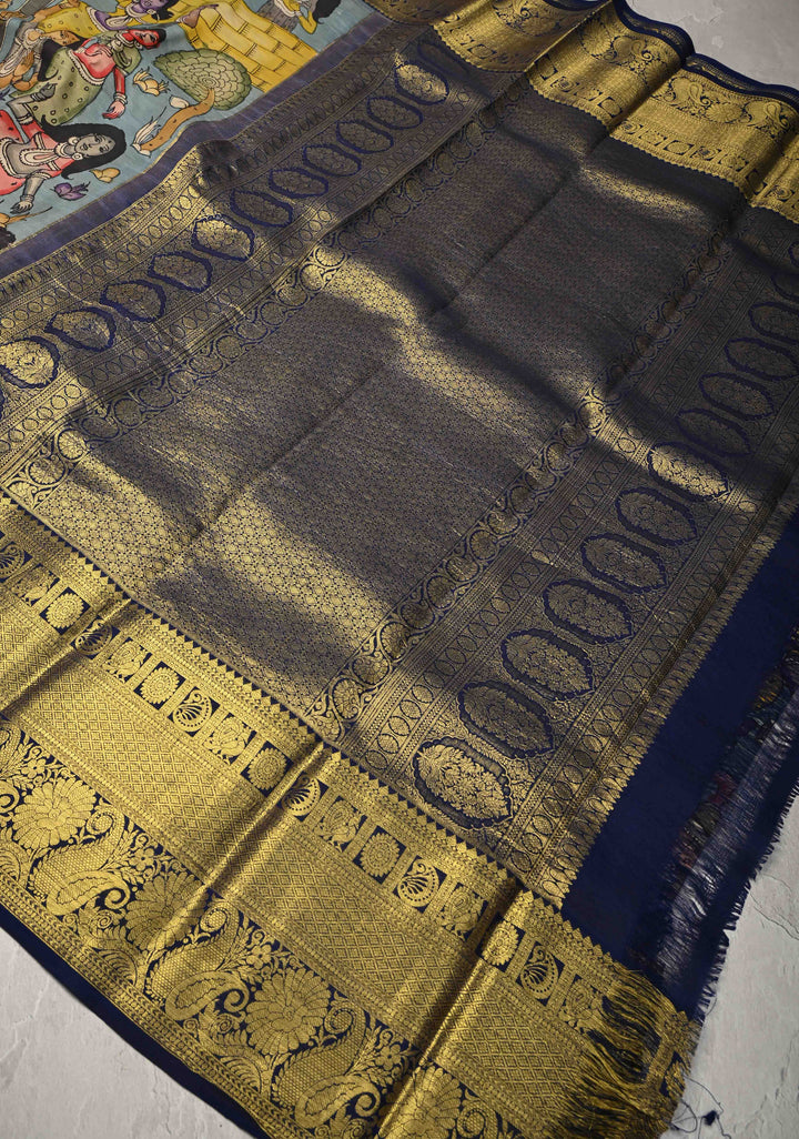 Beautiful Dancing Queens Theme : Authentic Pen Kalamkari on Pure Kanjivaram Silk Saree with Zari Border | SILK MARK CERTIFIED