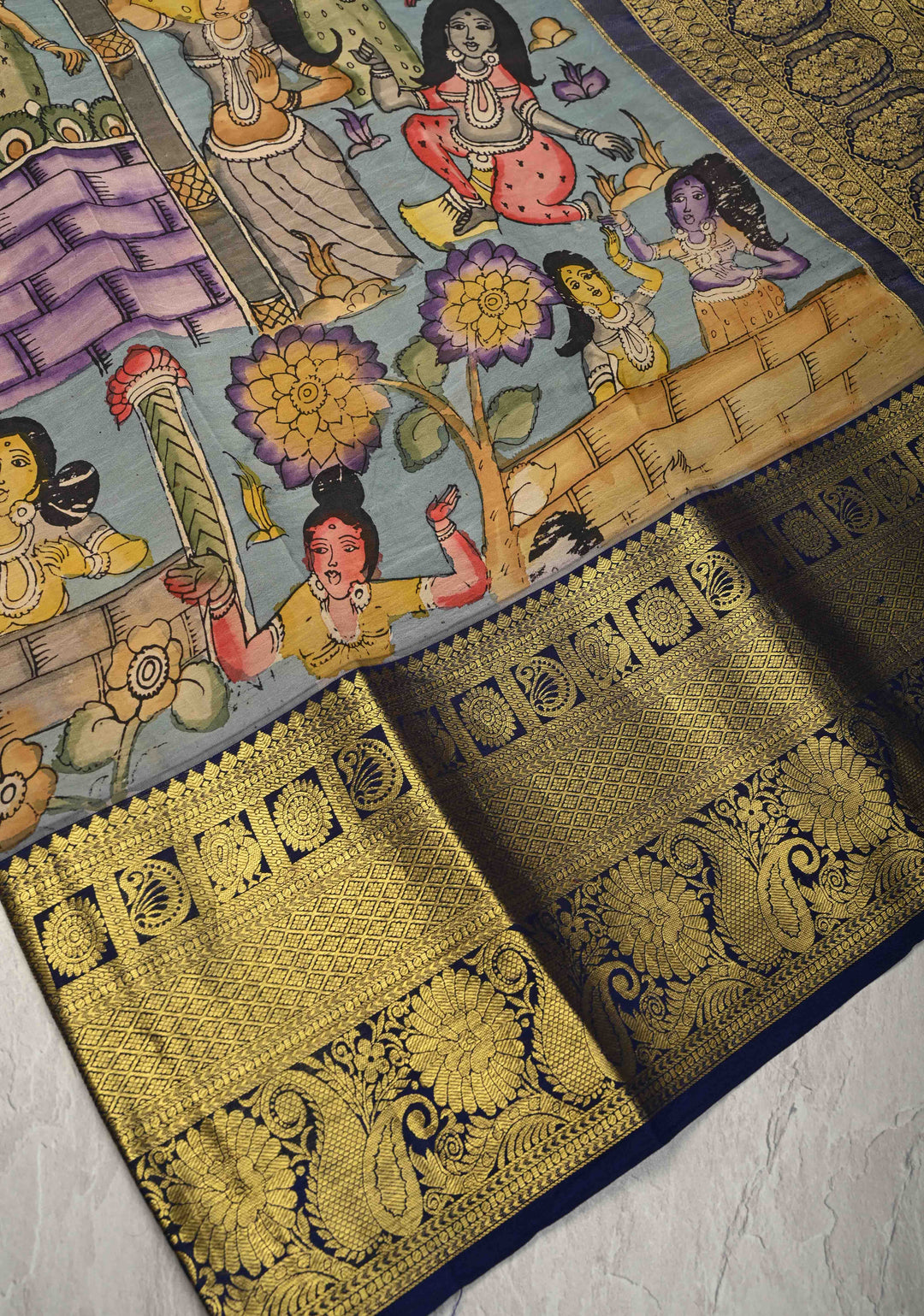 Beautiful Dancing Queens Theme : Authentic Pen Kalamkari on Pure Kanjivaram Silk Saree with Zari Border | SILK MARK CERTIFIED