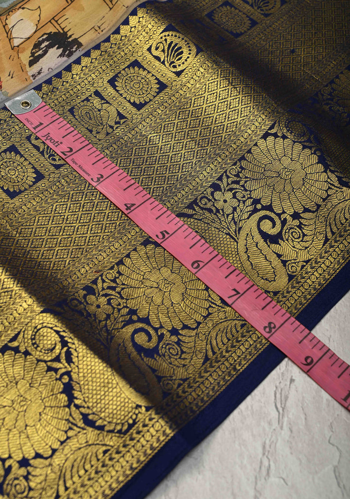 Beautiful Dancing Queens Theme : Authentic Pen Kalamkari on Pure Kanjivaram Silk Saree with Zari Border | SILK MARK CERTIFIED