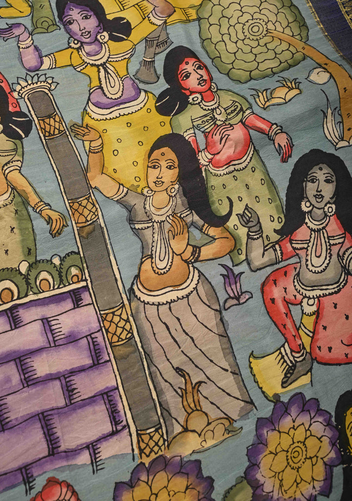 Beautiful Dancing Queens Theme : Authentic Pen Kalamkari on Pure Kanjivaram Silk Saree with Zari Border | SILK MARK CERTIFIED