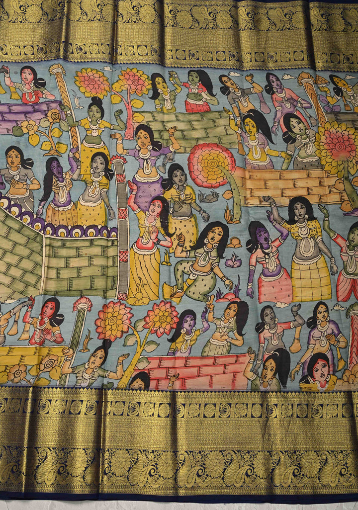 Beautiful Dancing Queens Theme : Authentic Pen Kalamkari on Pure Kanjivaram Silk Saree with Zari Border | SILK MARK CERTIFIED