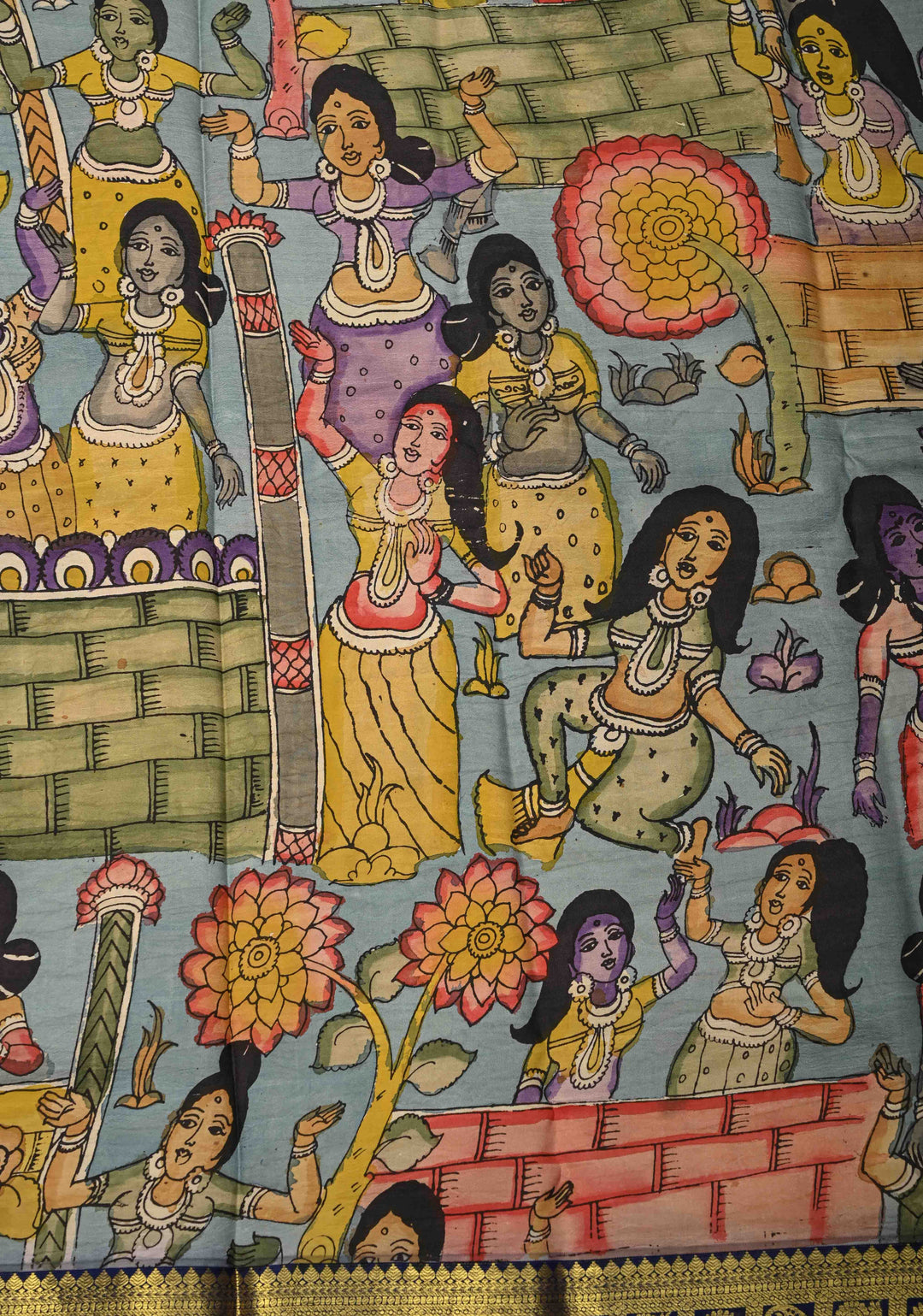 Beautiful Dancing Queens Theme : Authentic Pen Kalamkari on Pure Kanjivaram Silk Saree with Zari Border | SILK MARK CERTIFIED