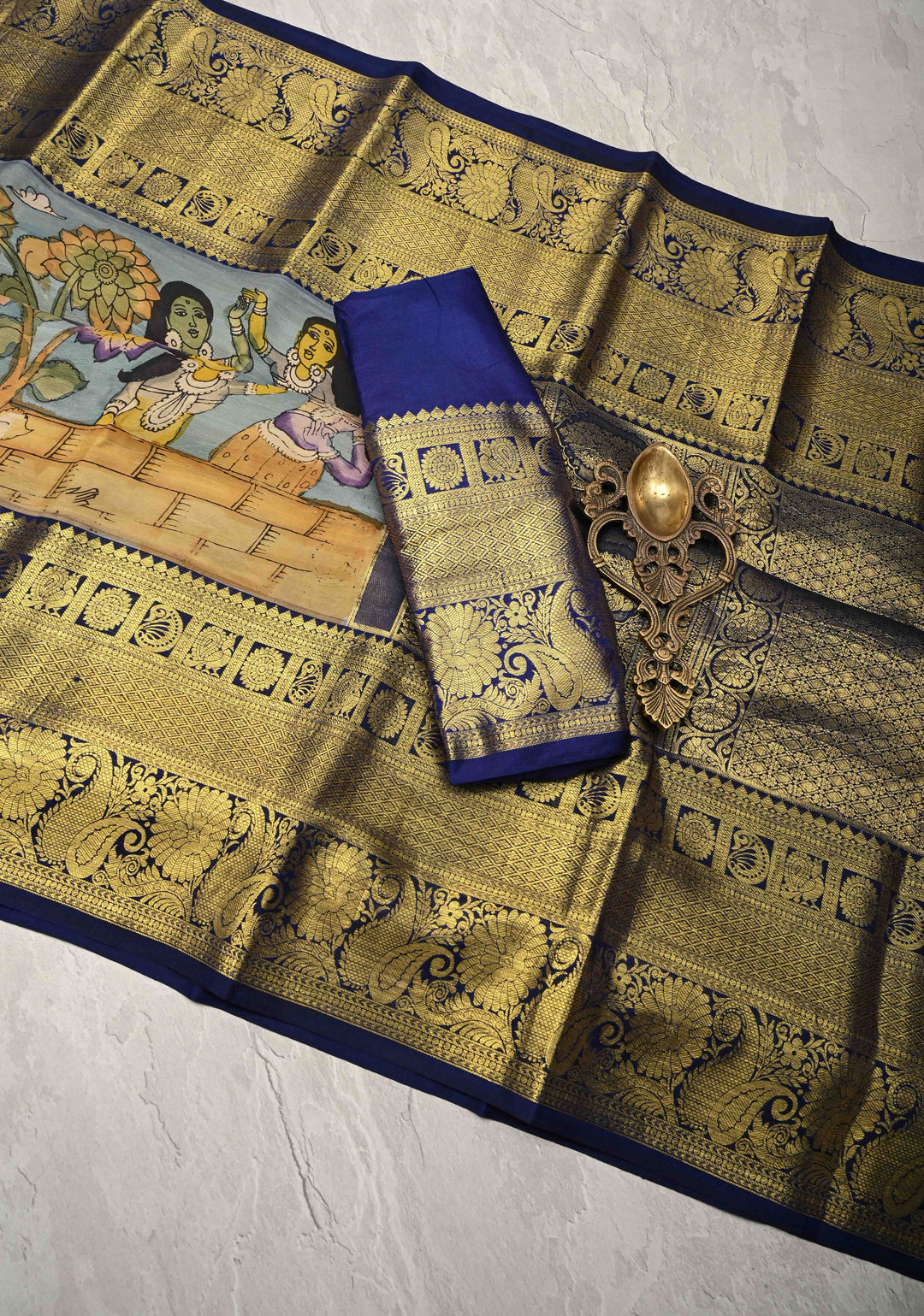 Beautiful Dancing Queens Theme : Authentic Pen Kalamkari on Pure Kanjivaram Silk Saree with Zari Border | SILK MARK CERTIFIED