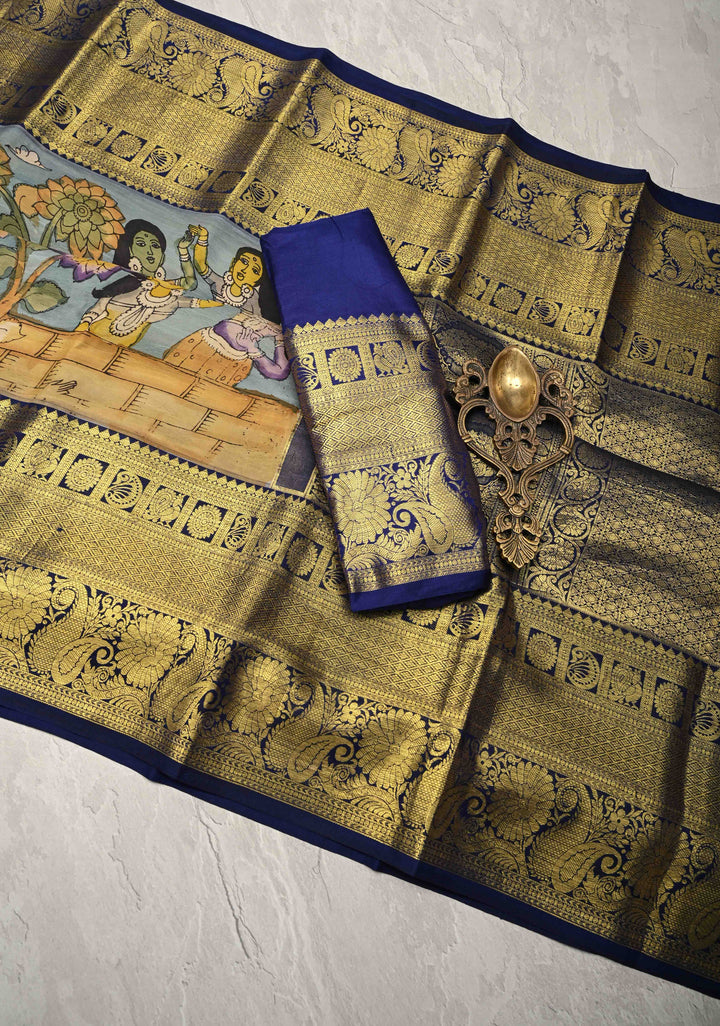 Beautiful Dancing Queens Theme : Authentic Pen Kalamkari on Pure Kanjivaram Silk Saree with Zari Border | SILK MARK CERTIFIED