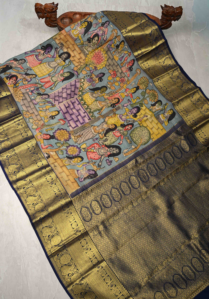 Beautiful Dancing Queens Theme : Authentic Pen Kalamkari on Pure Kanjivaram Silk Saree with Zari Border | SILK MARK CERTIFIED