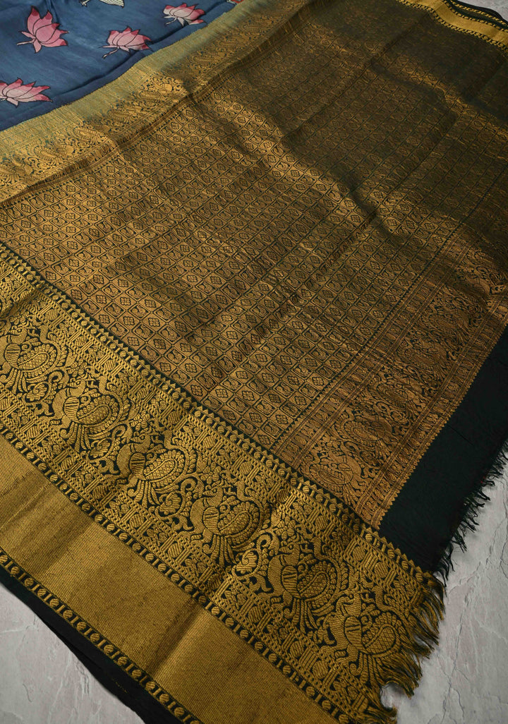Moroccan Design : Authentic Pen Kalamkari on Pure Kanjivaram Silk Saree with Zari Border | SILK MARK CERTIFIED