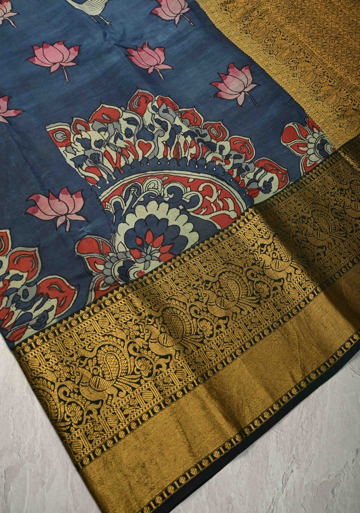 Moroccan Design : Authentic Pen Kalamkari on Pure Kanjivaram Silk Saree with Zari Border | SILK MARK CERTIFIED