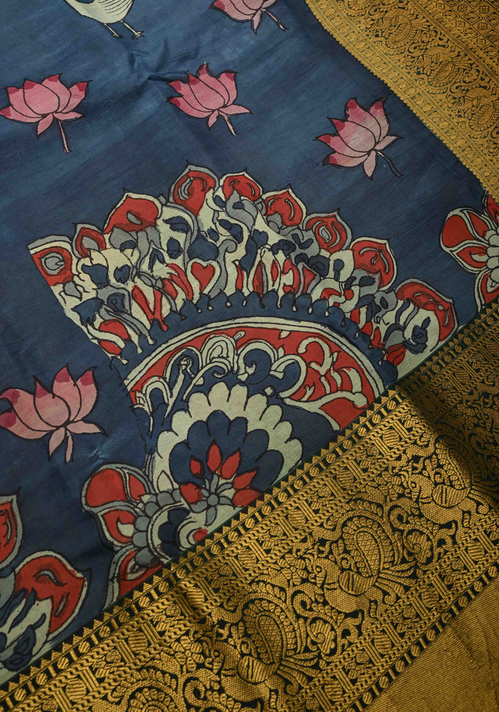 Moroccan Design : Authentic Pen Kalamkari on Pure Kanjivaram Silk Saree with Zari Border | SILK MARK CERTIFIED