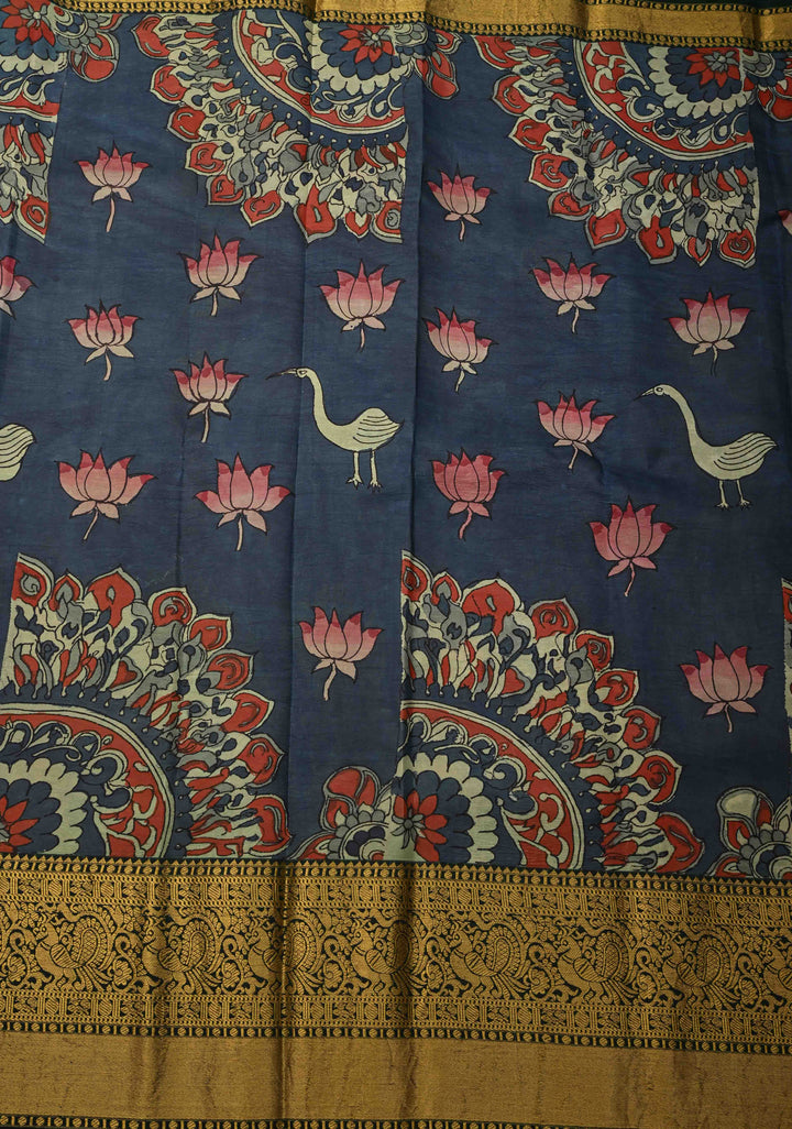 Moroccan Design : Authentic Pen Kalamkari on Pure Kanjivaram Silk Saree with Zari Border | SILK MARK CERTIFIED
