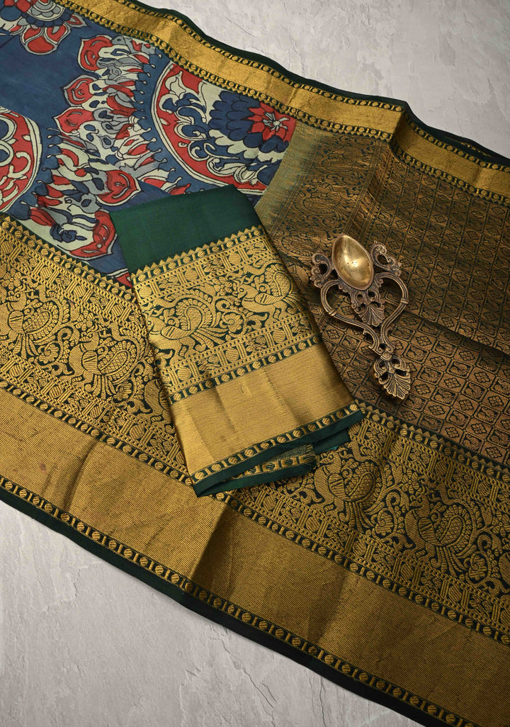 Moroccan Design : Authentic Pen Kalamkari on Pure Kanjivaram Silk Saree with Zari Border | SILK MARK CERTIFIED
