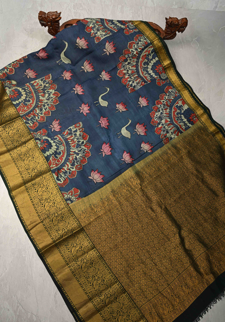 Moroccan Design : Authentic Pen Kalamkari on Pure Kanjivaram Silk Saree with Zari Border | SILK MARK CERTIFIED