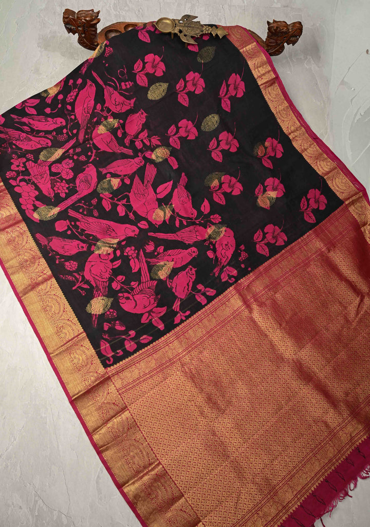 Hibiscus and Koyal Design : Black Authentic Pen Kalamkari on Pure Kanjivaram Silk Saree with Zari Buttas and Border | SILK MARK CERTIFIED