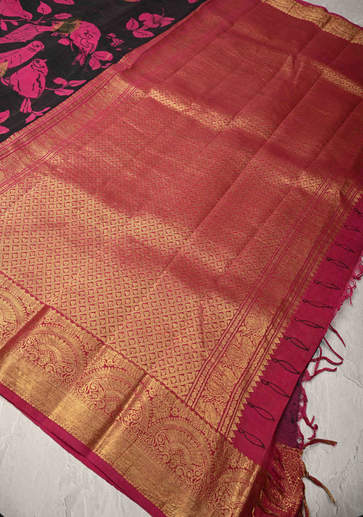 Hibiscus and Koyal Design : Black Authentic Pen Kalamkari on Pure Kanjivaram Silk Saree with Zari Buttas and Border | SILK MARK CERTIFIED