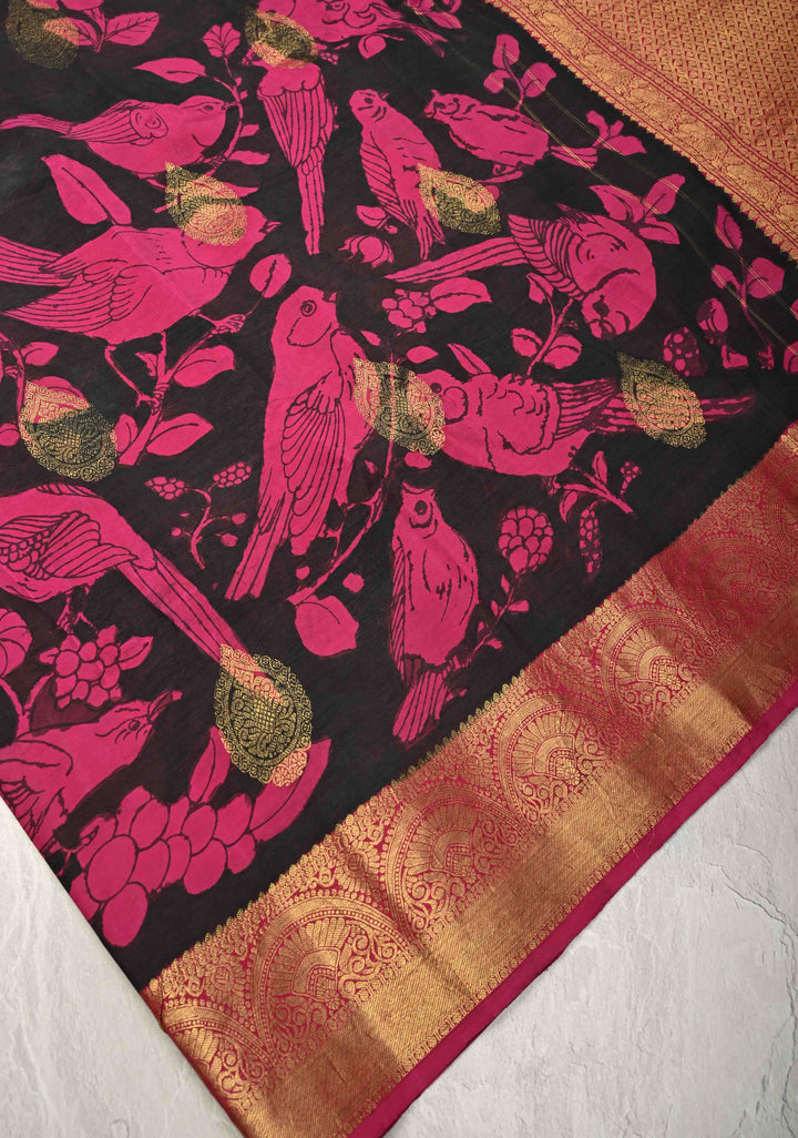 Hibiscus and Koyal Design : Black Authentic Pen Kalamkari on Pure Kanjivaram Silk Saree with Zari Buttas and Border | SILK MARK CERTIFIED