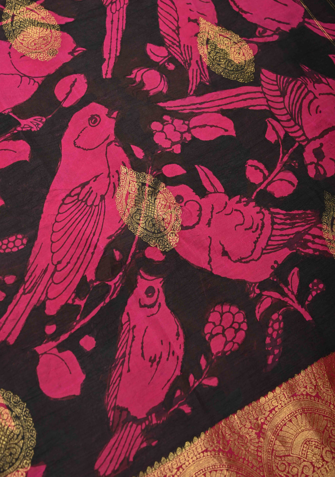 Hibiscus and Koyal Design : Black Authentic Pen Kalamkari on Pure Kanjivaram Silk Saree with Zari Buttas and Border | SILK MARK CERTIFIED