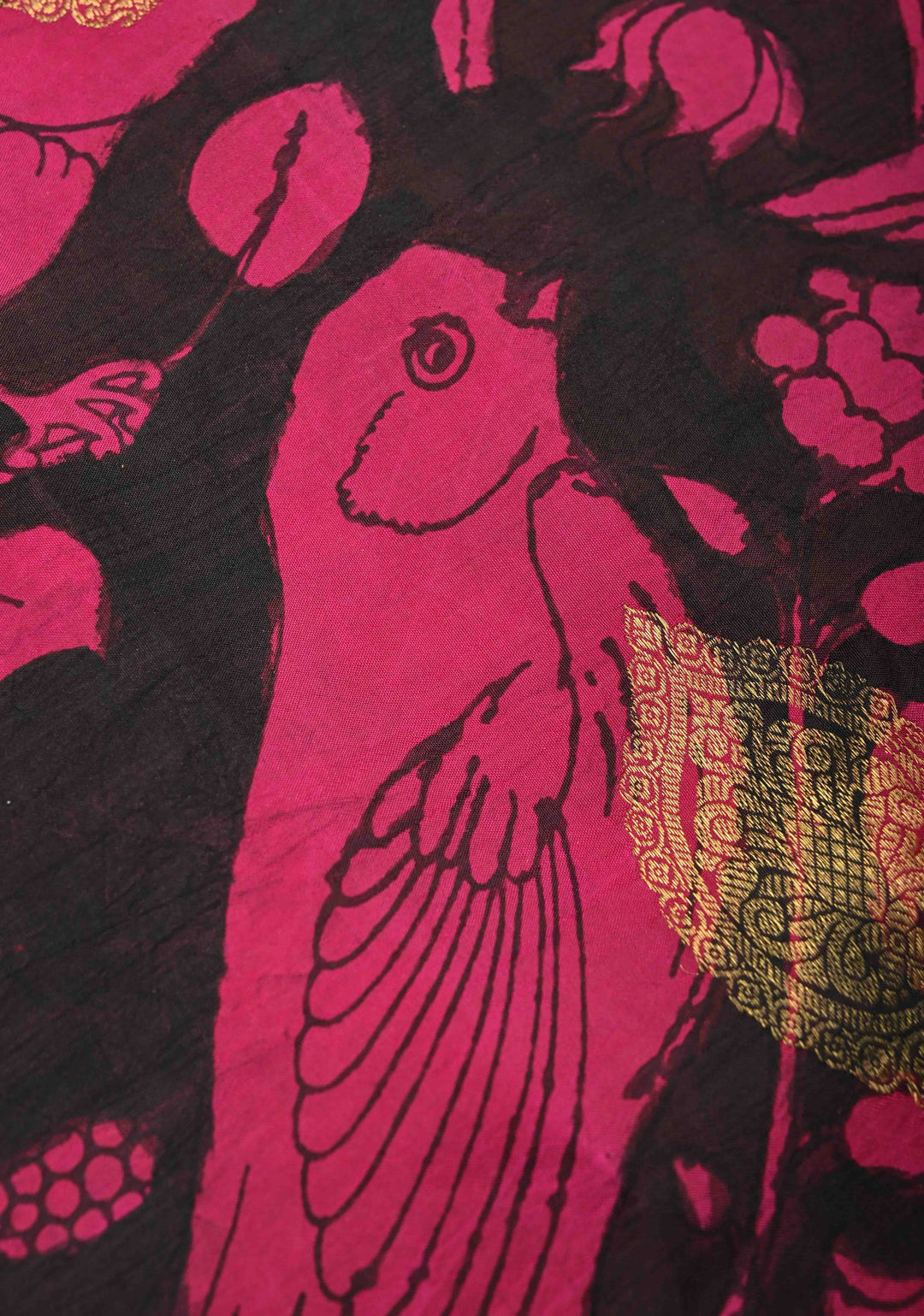 Hibiscus and Koyal Design : Black Authentic Pen Kalamkari on Pure Kanjivaram Silk Saree with Zari Buttas and Border | SILK MARK CERTIFIED