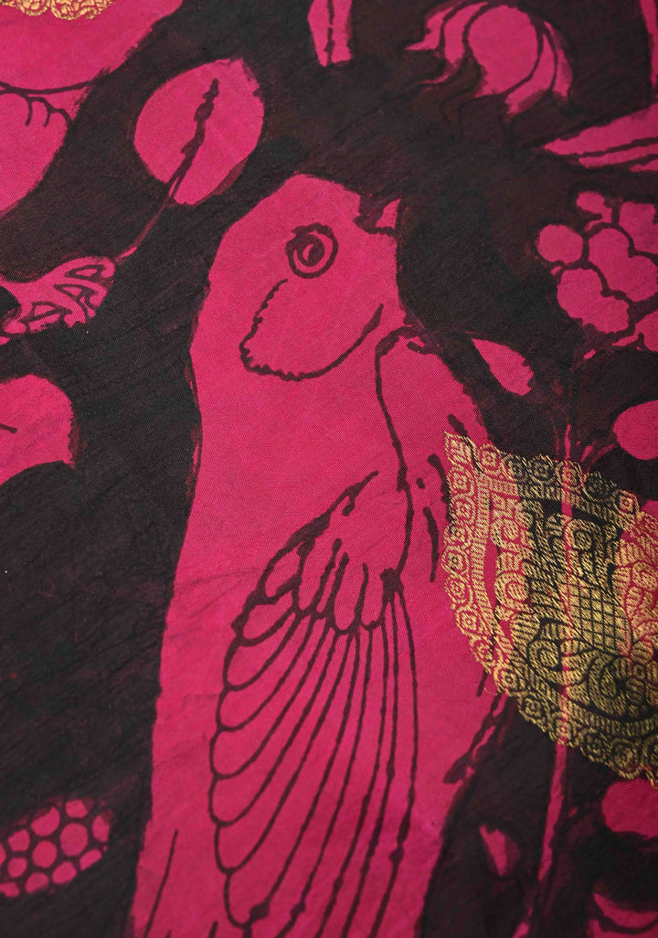 Hibiscus and Koyal Design : Black Authentic Pen Kalamkari on Pure Kanjivaram Silk Saree with Zari Buttas and Border | SILK MARK CERTIFIED