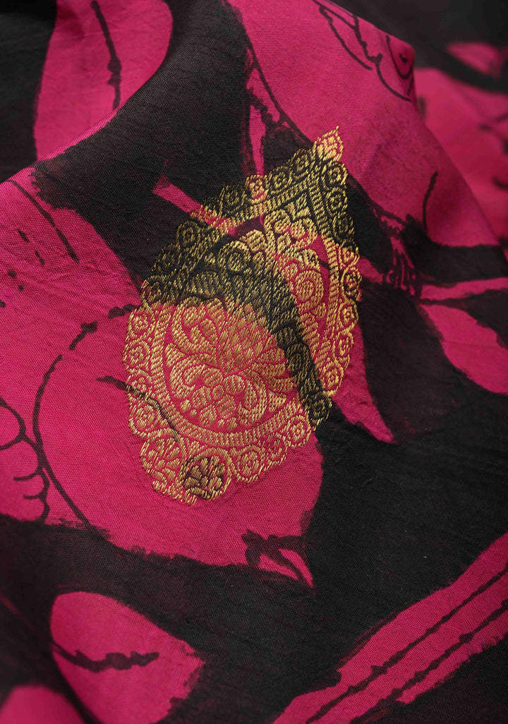 Hibiscus and Koyal Design : Black Authentic Pen Kalamkari on Pure Kanjivaram Silk Saree with Zari Buttas and Border | SILK MARK CERTIFIED