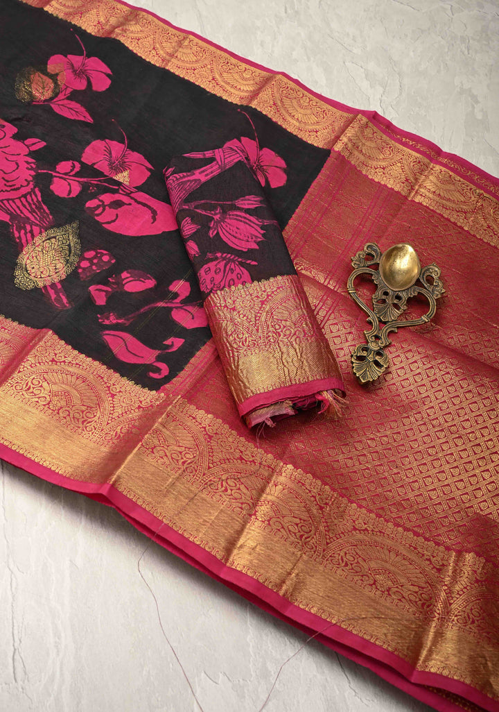 Hibiscus and Koyal Design : Black Authentic Pen Kalamkari on Pure Kanjivaram Silk Saree with Zari Buttas and Border | SILK MARK CERTIFIED