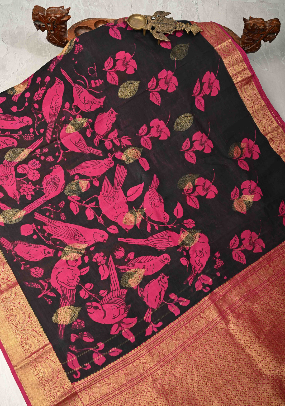 Hibiscus and Koyal Design : Black Authentic Pen Kalamkari on Pure Kanjivaram Silk Saree with Zari Buttas and Border | SILK MARK CERTIFIED