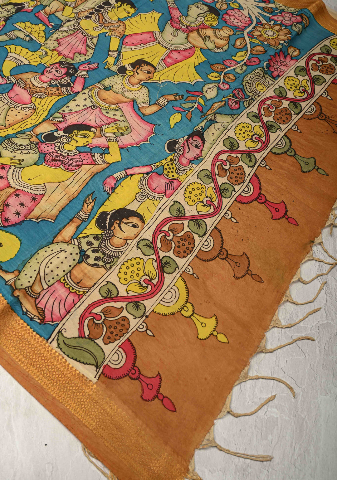 DUPATTA : Blue Authentic Pen Kalamkari on Mangalagiri Silk Cotton Dupatta with Apsara Theme