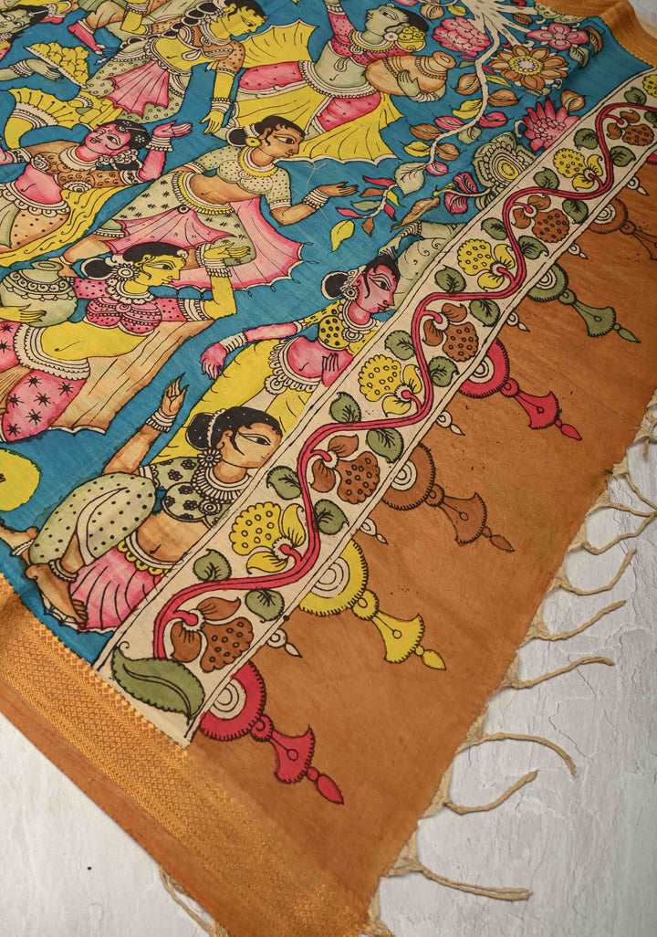 DUPATTA : Blue Authentic Pen Kalamkari on Mangalagiri Silk Cotton Dupatta with Apsara Theme
