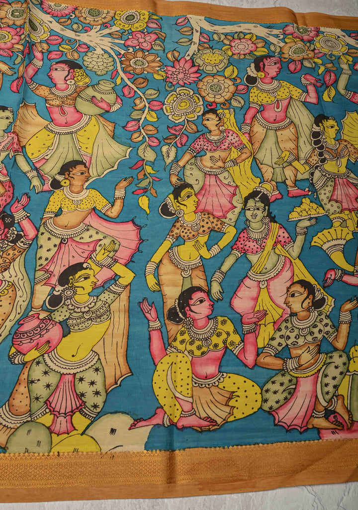 DUPATTA : Blue Authentic Pen Kalamkari on Mangalagiri Silk Cotton Dupatta with Apsara Theme