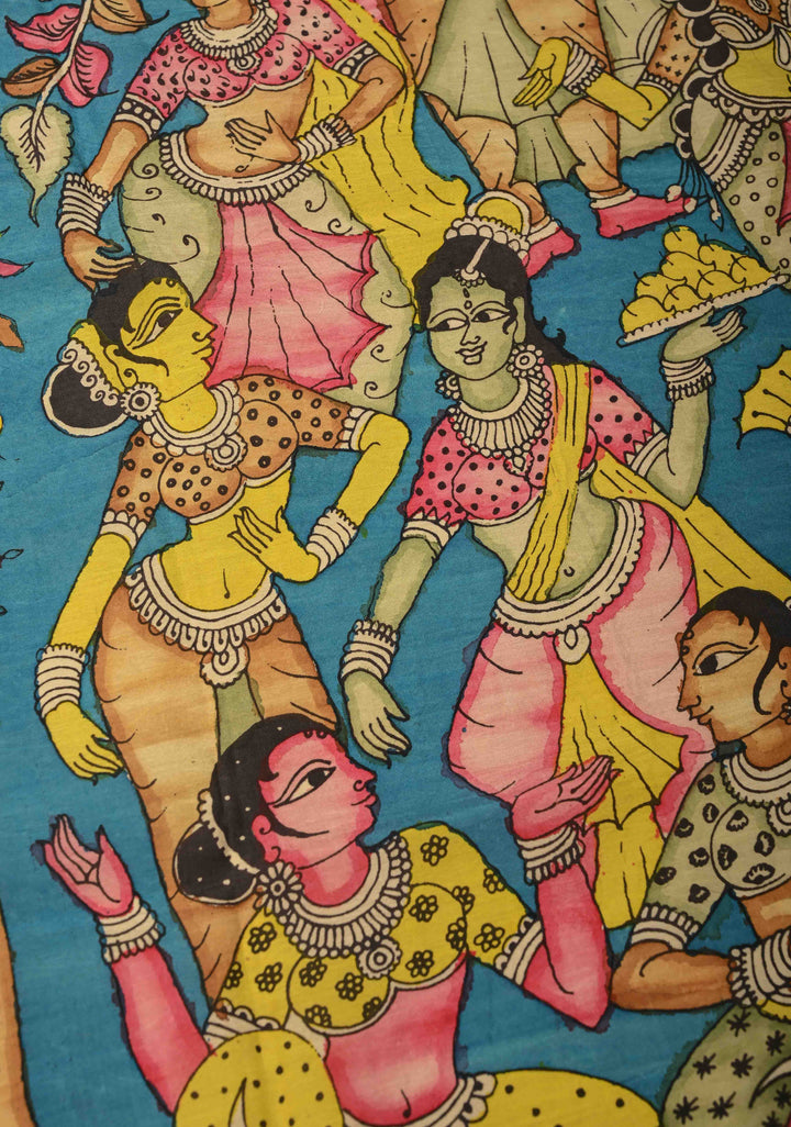 DUPATTA : Blue Authentic Pen Kalamkari on Mangalagiri Silk Cotton Dupatta with Apsara Theme