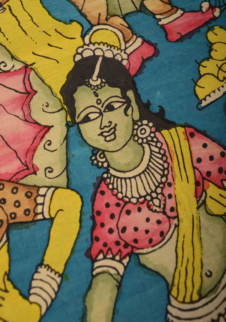 DUPATTA : Blue Authentic Pen Kalamkari on Mangalagiri Silk Cotton Dupatta with Apsara Theme