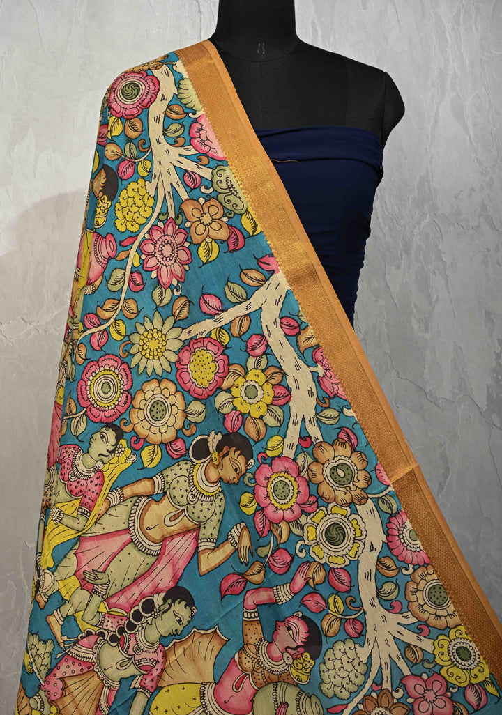 DUPATTA : Blue Authentic Pen Kalamkari on Mangalagiri Silk Cotton Dupatta with Apsara Theme