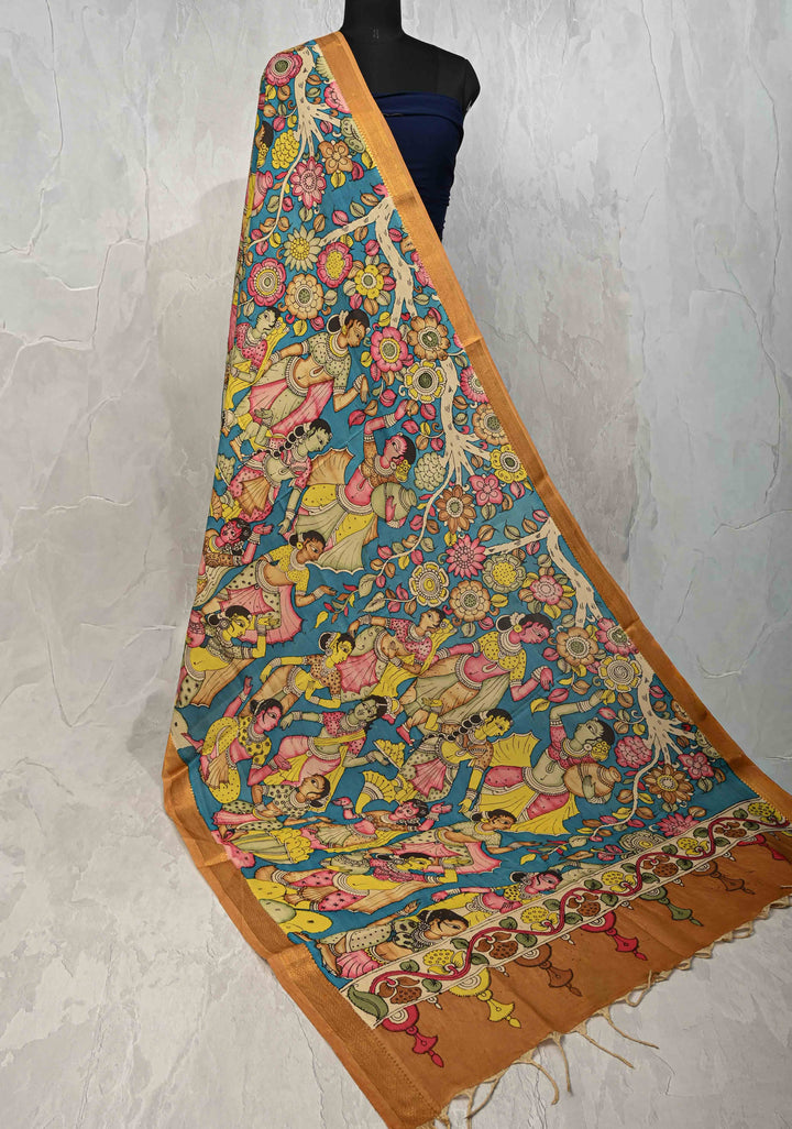 DUPATTA : Blue Authentic Pen Kalamkari on Mangalagiri Silk Cotton Dupatta with Apsara Theme