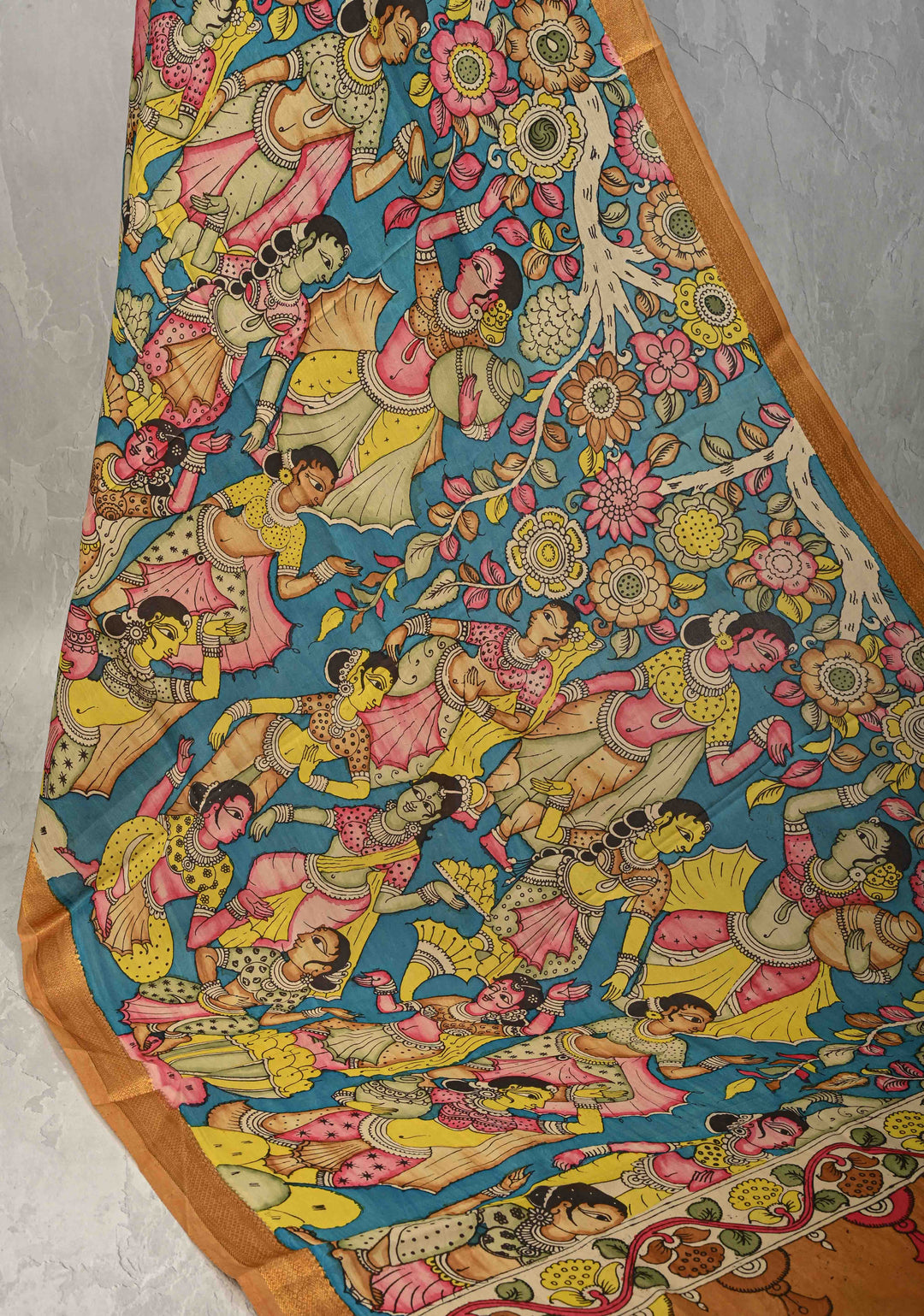 DUPATTA : Blue Authentic Pen Kalamkari on Mangalagiri Silk Cotton Dupatta with Apsara Theme