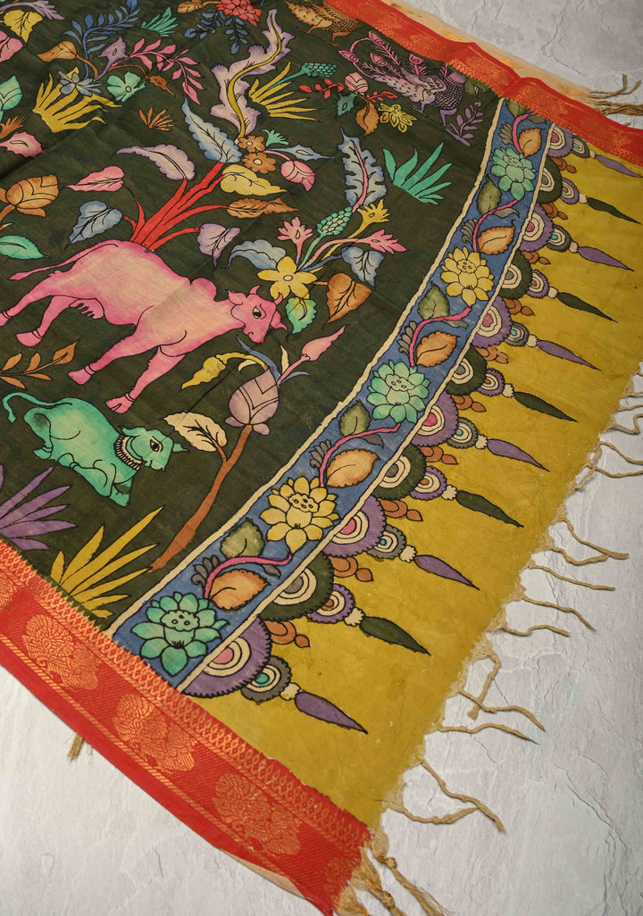 DUPATTA : Deep Green Authentic Pen Kalamkari on Mangalagiri Silk Cotton Dupatta with Pichwai Theme