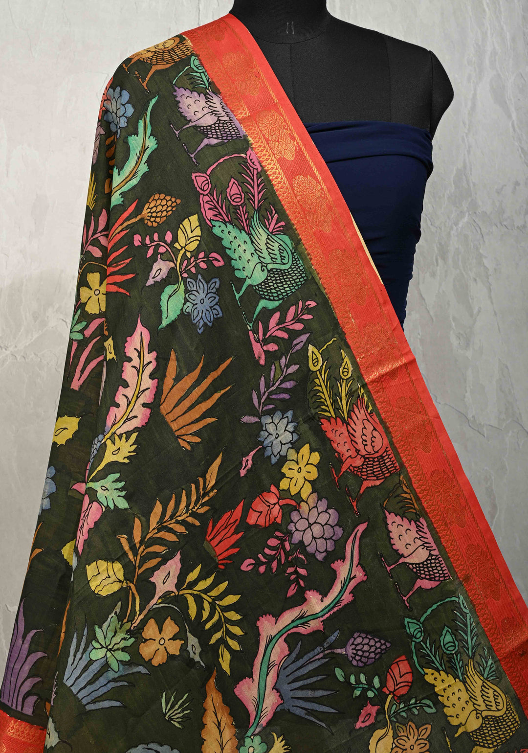 DUPATTA : Deep Green Authentic Pen Kalamkari on Mangalagiri Silk Cotton Dupatta with Pichwai Theme