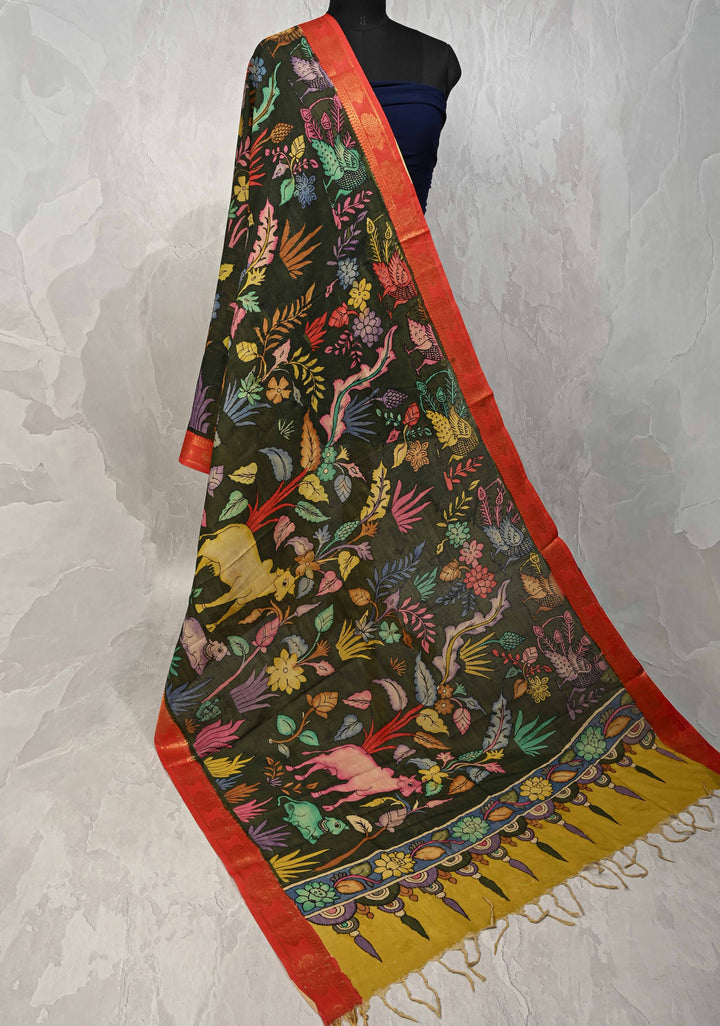 DUPATTA : Deep Green Authentic Pen Kalamkari on Mangalagiri Silk Cotton Dupatta with Pichwai Theme