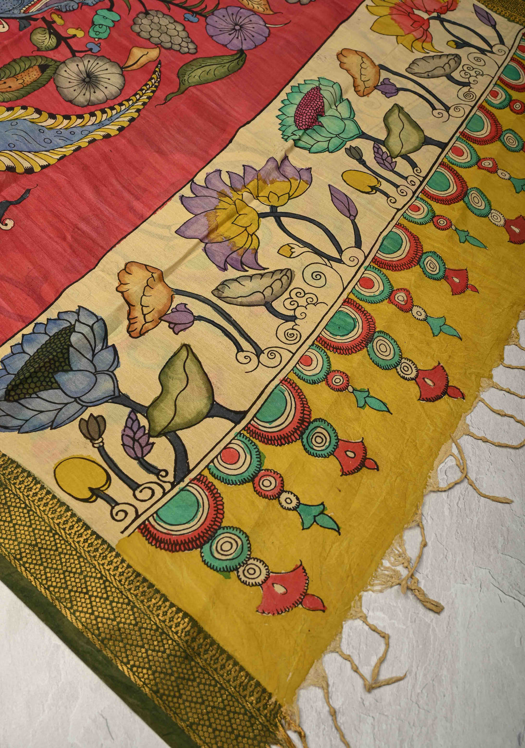 DUPATTA : Red Authentic Pen Kalamkari on Mangalagiri Silk Cotton Dupatta with Peacock and Floral Theme