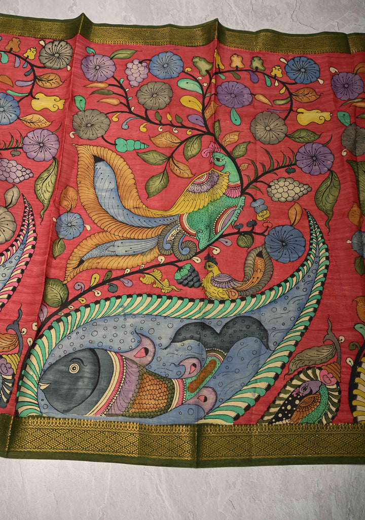 DUPATTA : Red Authentic Pen Kalamkari on Mangalagiri Silk Cotton Dupatta with Peacock and Floral Theme