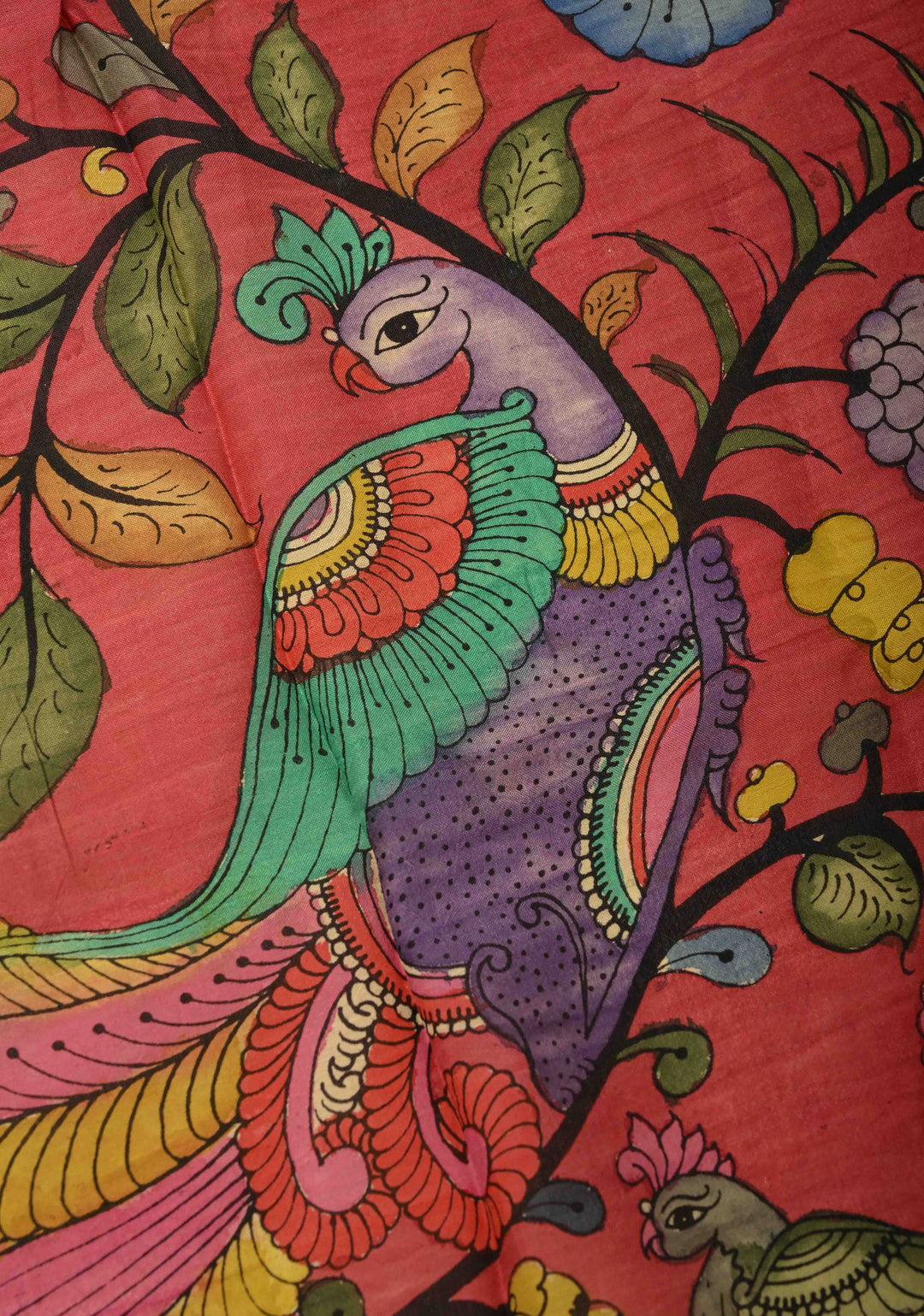 DUPATTA : Red Authentic Pen Kalamkari on Mangalagiri Silk Cotton Dupatta with Peacock and Floral Theme