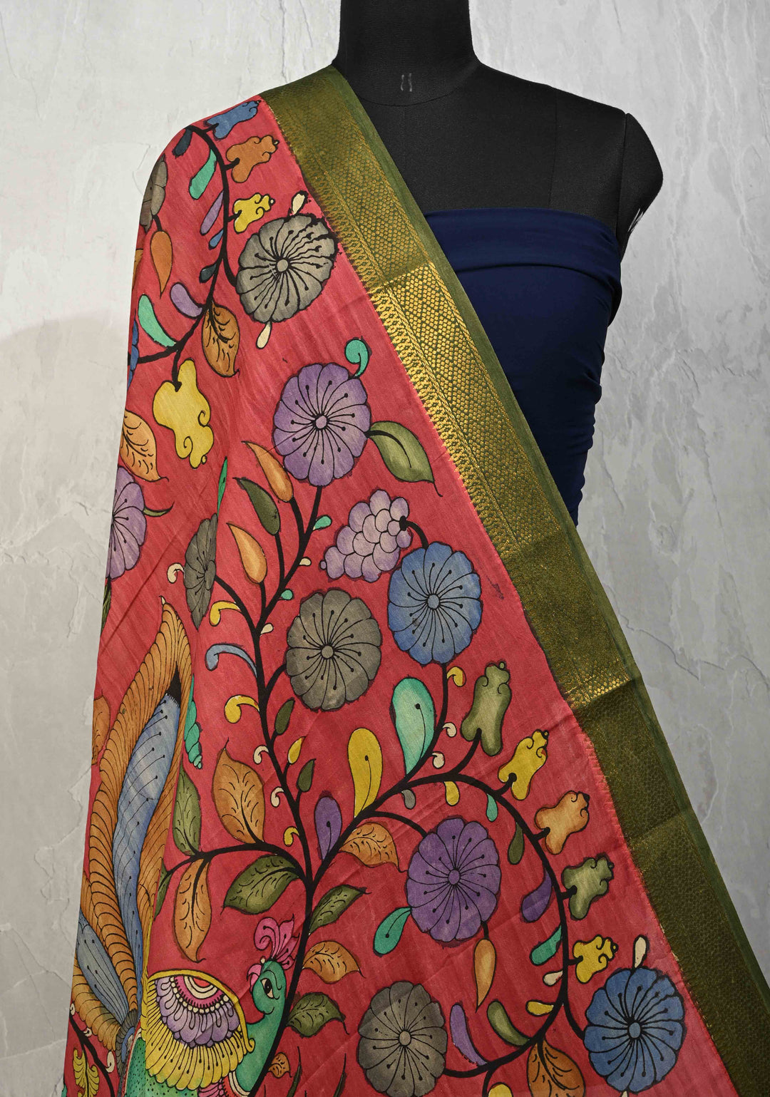 DUPATTA : Red Authentic Pen Kalamkari on Mangalagiri Silk Cotton Dupatta with Peacock and Floral Theme