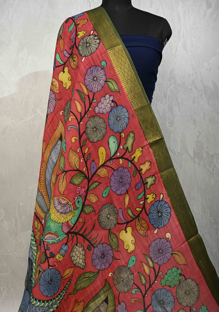 DUPATTA : Red Authentic Pen Kalamkari on Mangalagiri Silk Cotton Dupatta with Peacock and Floral Theme