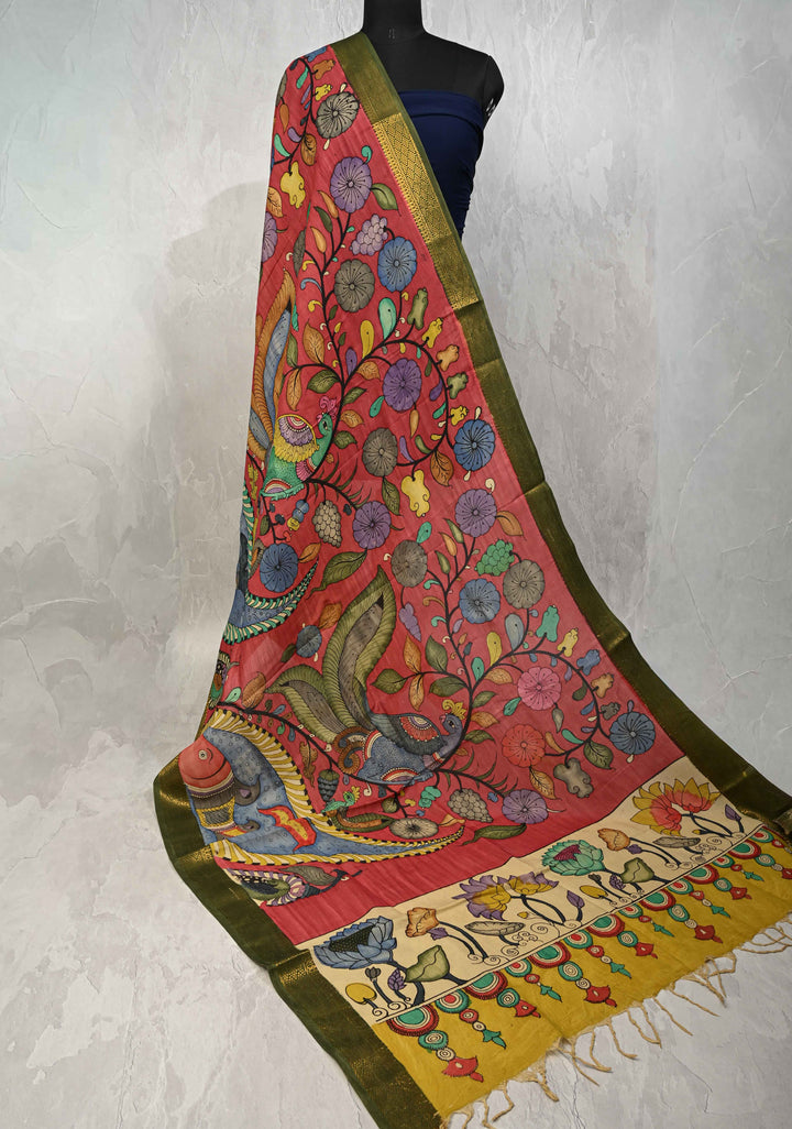 DUPATTA : Red Authentic Pen Kalamkari on Mangalagiri Silk Cotton Dupatta with Peacock and Floral Theme