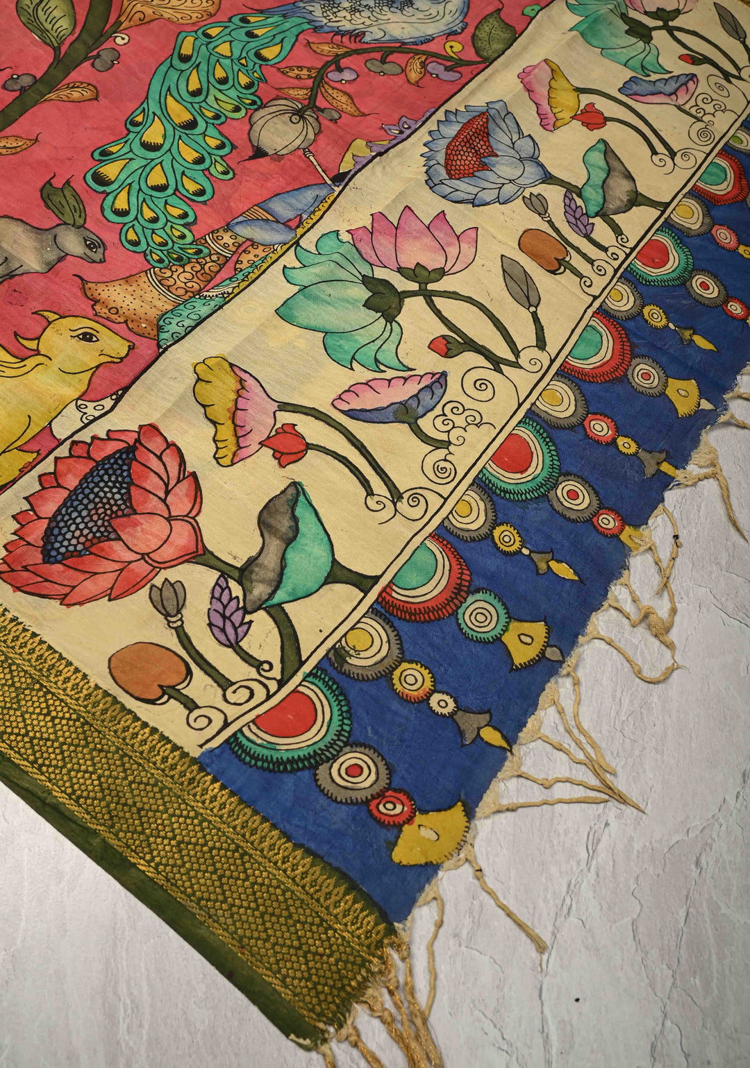 DUPATTA : Amarnath Pink Authentic Pen Kalamkari on Mangalagiri Silk Cotton Dupatta with Jungle and Radha-Krishna Theme
