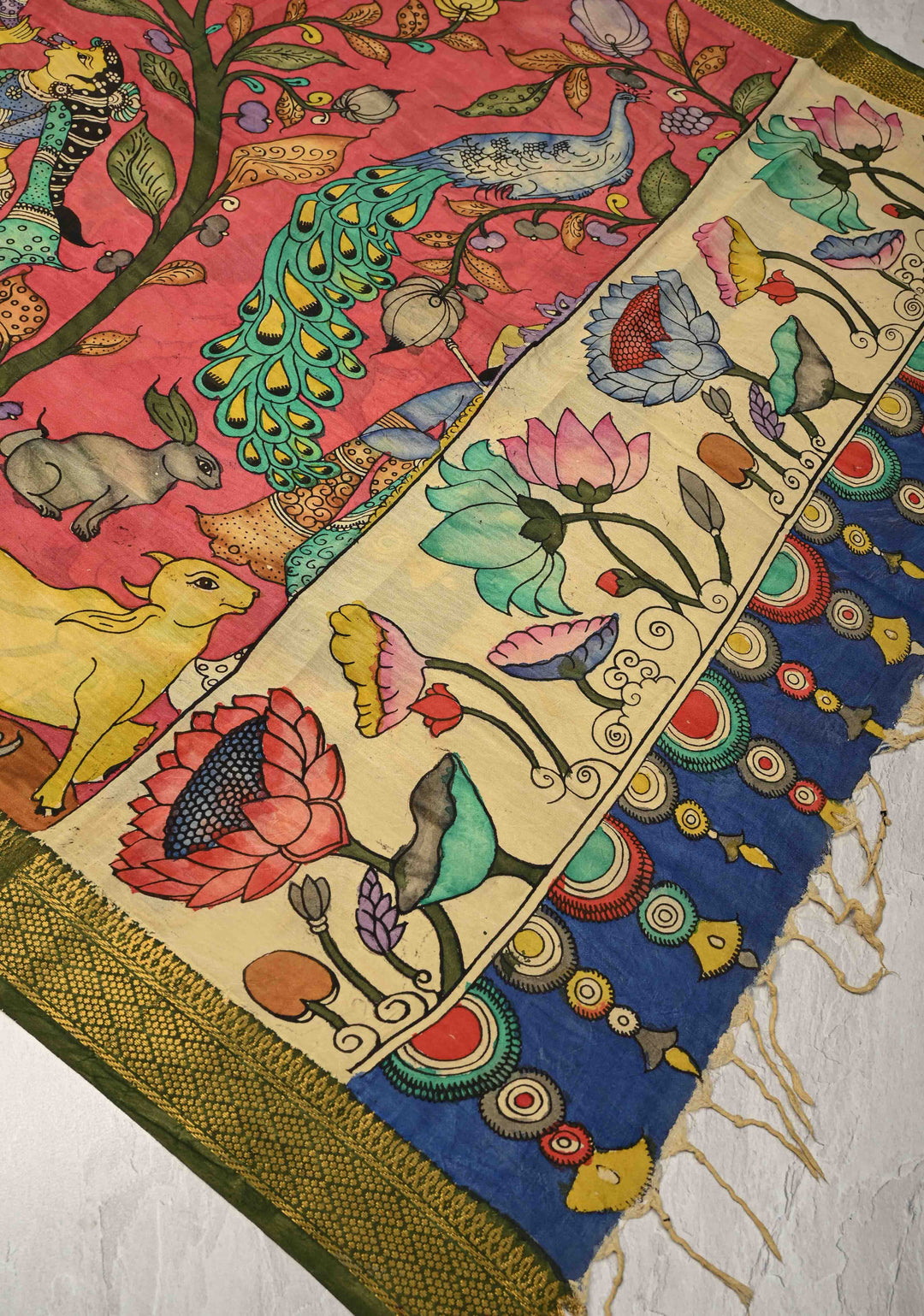 DUPATTA : Amarnath Pink Authentic Pen Kalamkari on Mangalagiri Silk Cotton Dupatta with Jungle and Radha-Krishna Theme