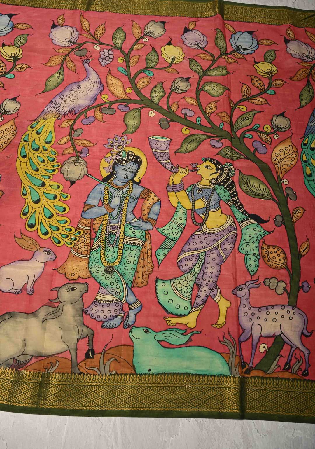 DUPATTA : Amarnath Pink Authentic Pen Kalamkari on Mangalagiri Silk Cotton Dupatta with Jungle and Radha-Krishna Theme