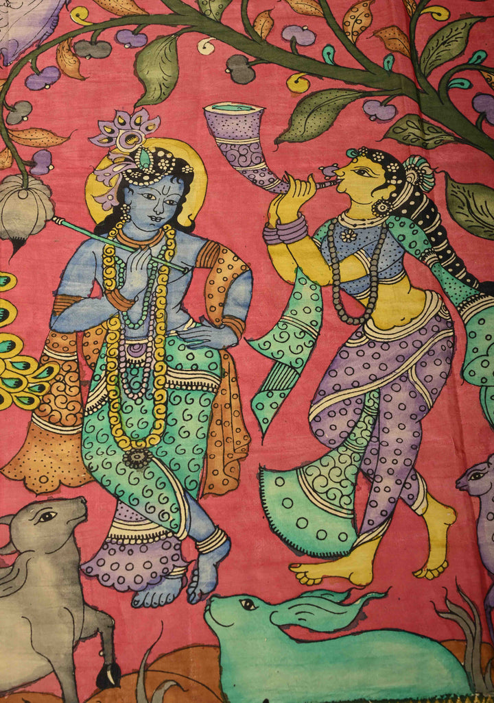 DUPATTA : Amarnath Pink Authentic Pen Kalamkari on Mangalagiri Silk Cotton Dupatta with Jungle and Radha-Krishna Theme