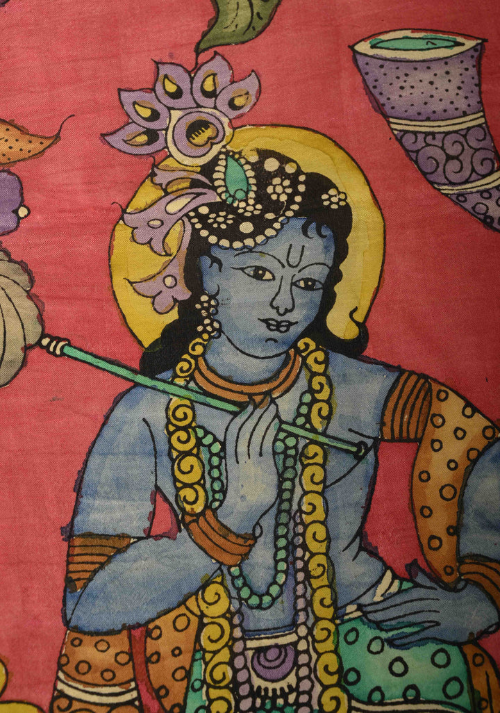 DUPATTA : Amarnath Pink Authentic Pen Kalamkari on Mangalagiri Silk Cotton Dupatta with Jungle and Radha-Krishna Theme