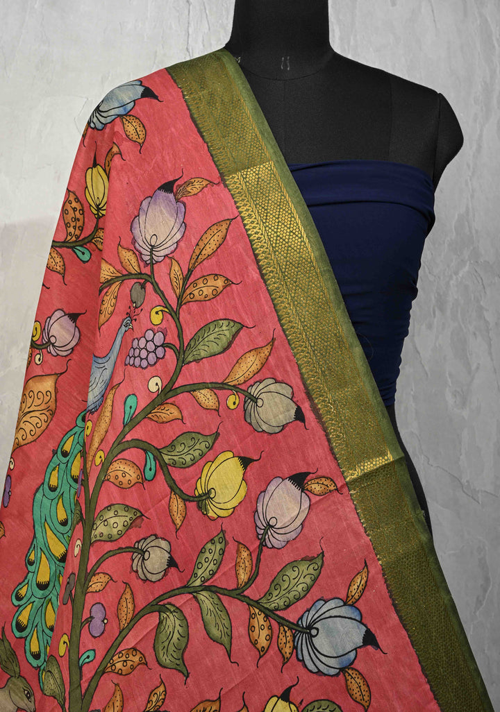 DUPATTA : Amarnath Pink Authentic Pen Kalamkari on Mangalagiri Silk Cotton Dupatta with Jungle and Radha-Krishna Theme